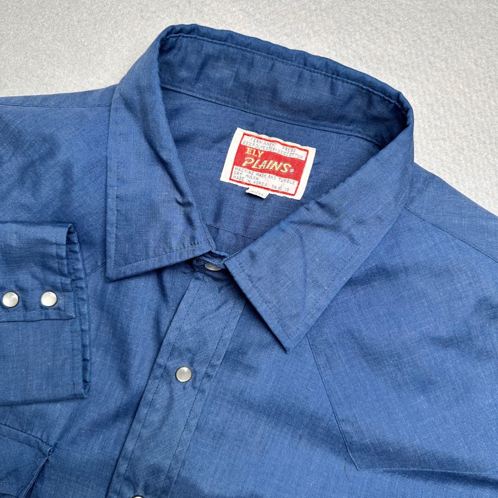 Ely Plains Western Shirt Mens 17-34 Blue Pearl Snap Long Sleeve Vintage Korea